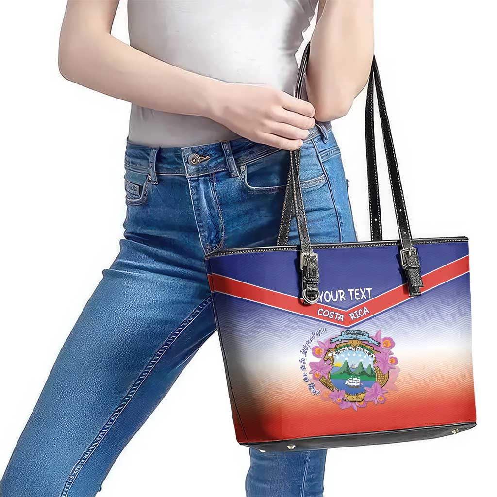 Personalized Costa Rica Independence Day Leather Tote Bag Coat Of Arms With Purple Guaria Morada Orchid LT15