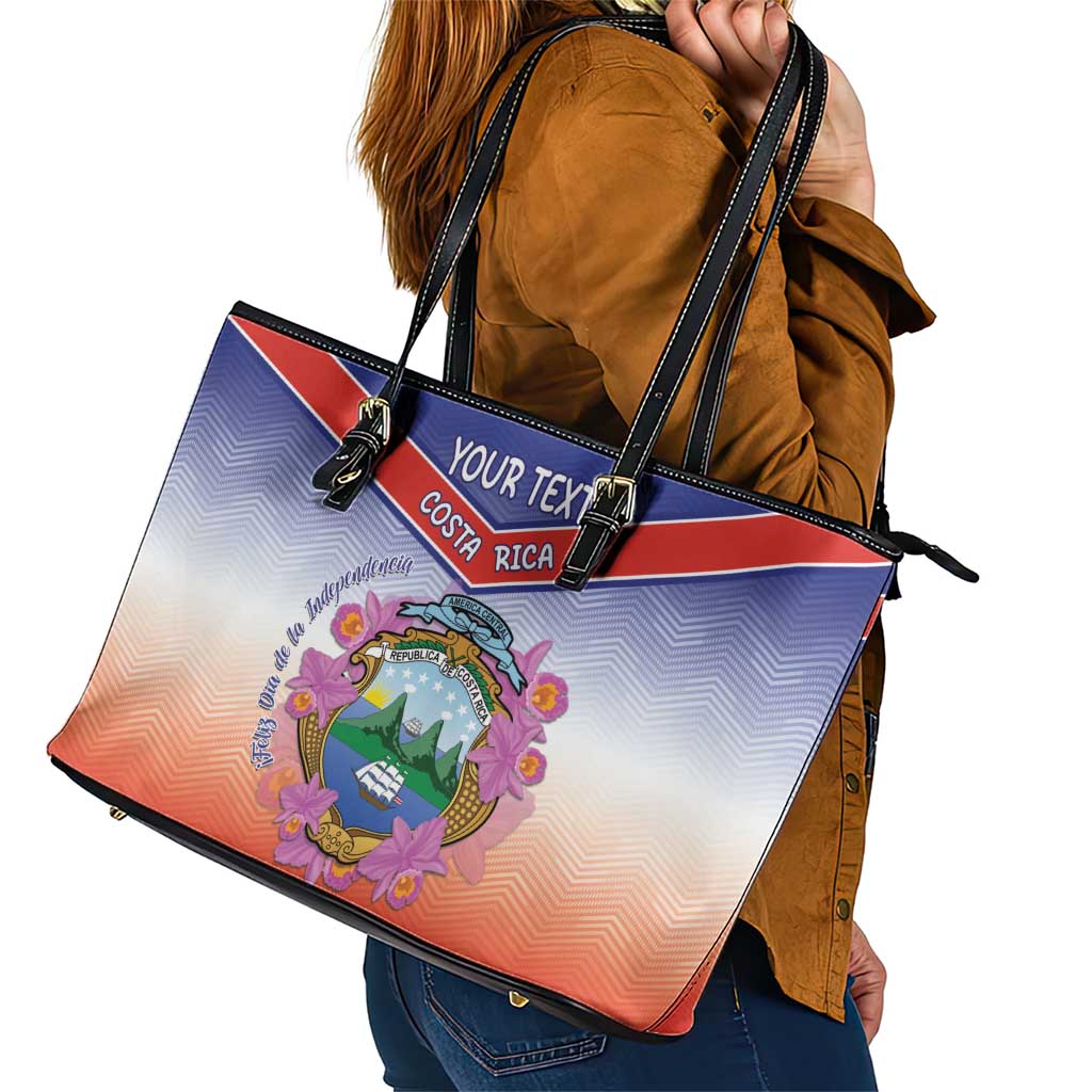 Personalized Costa Rica Independence Day Leather Tote Bag Coat Of Arms With Purple Guaria Morada Orchid LT15