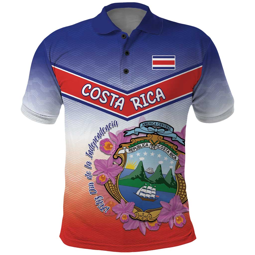Personalized Costa Rica Independence Day Polo Shirt Coat Of Arms With Purple Guaria Morada Orchid LT15
