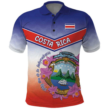 Personalized Costa Rica Independence Day Polo Shirt Coat Of Arms With Purple Guaria Morada Orchid LT15