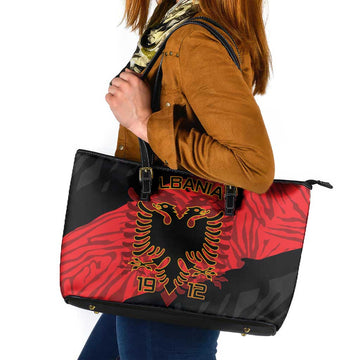 Albania Independence Day Leather Tote Bag Albanian Eagle - Grunge Style LT15