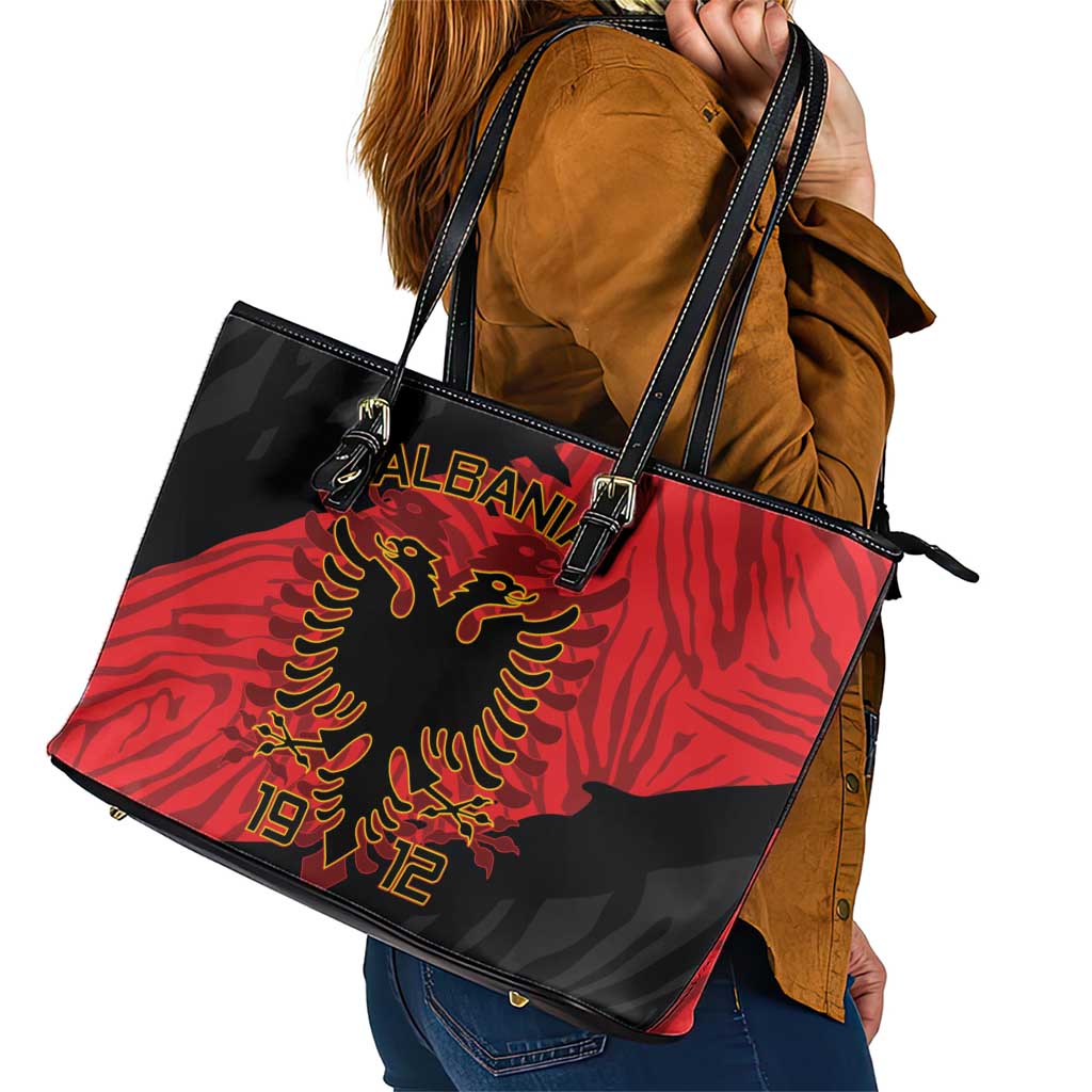 Albania Independence Day Leather Tote Bag Albanian Eagle - Grunge Style LT15