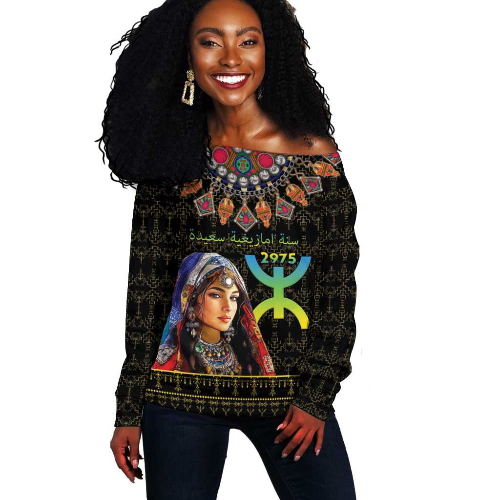 Assegwas Ameggaz Yennayer Off Shoulder Sweater Women Amazigh - Berber Pattern LT15