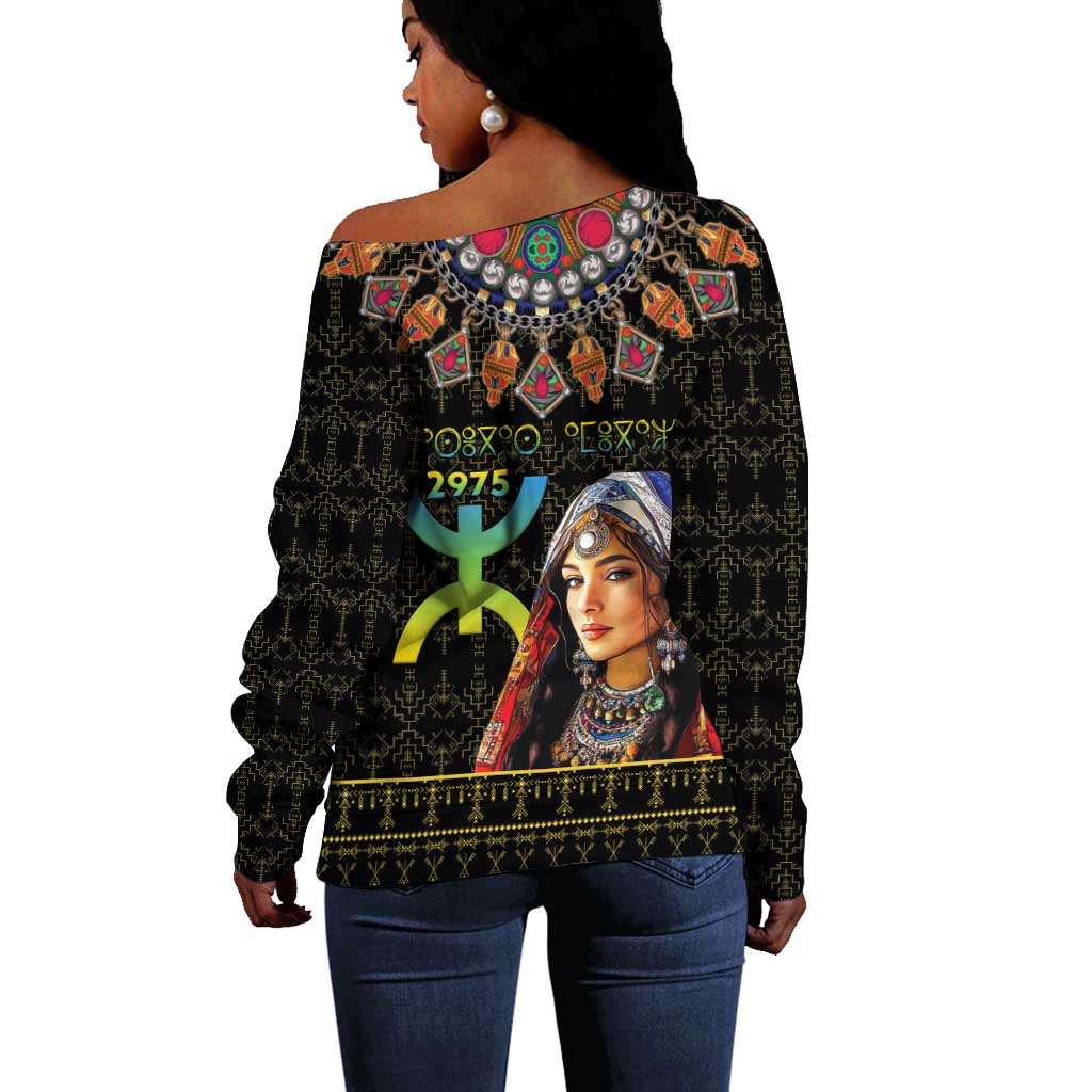 Assegwas Ameggaz Yennayer Off Shoulder Sweater Women Amazigh - Berber Pattern LT15