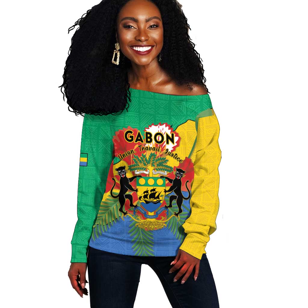 Personalised Afro Gabon Off Shoulder Sweater Gabonese Union Travail and Justice LT15