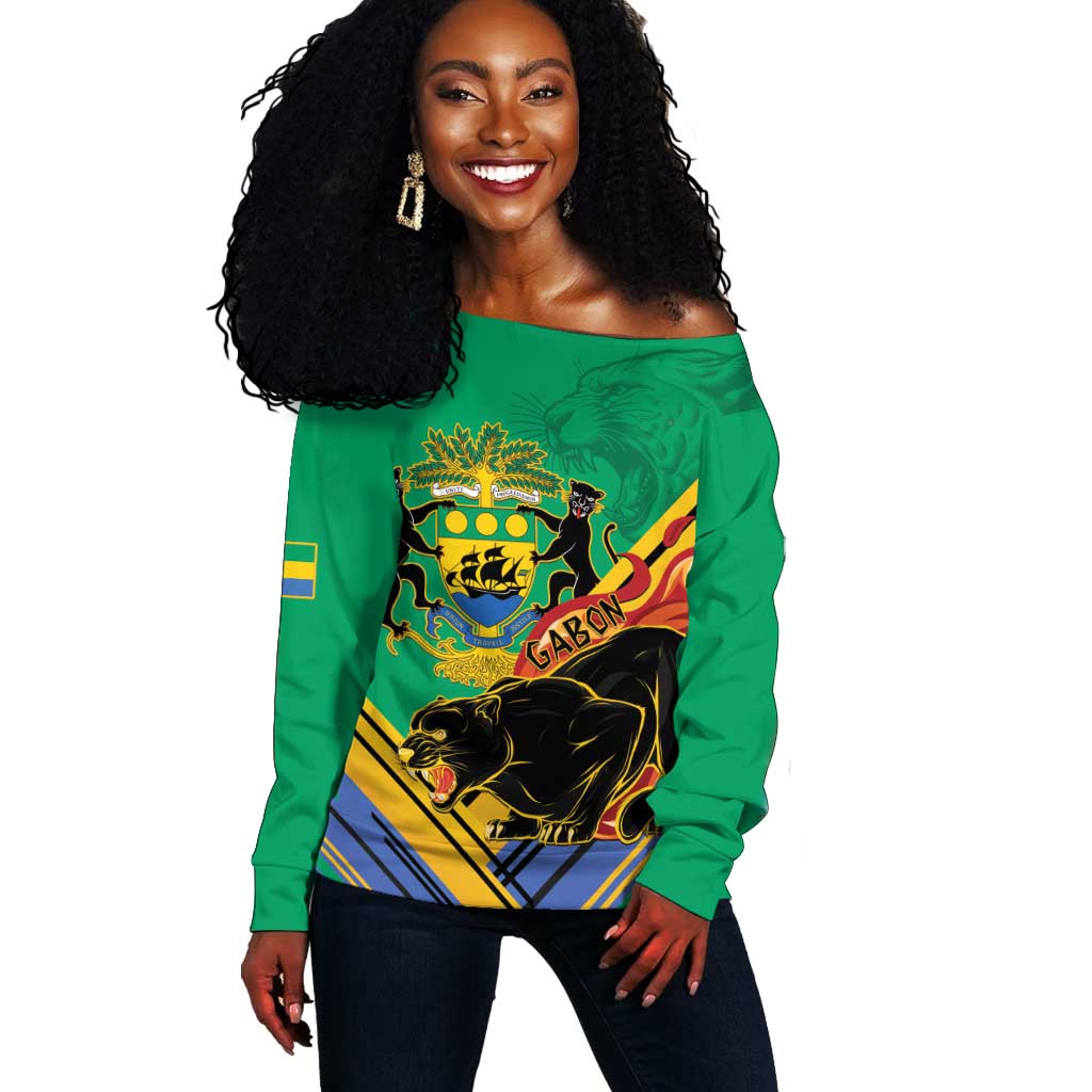 Afro Gabon Off Shoulder Sweater Black Panther With Coat Of Arms LT15