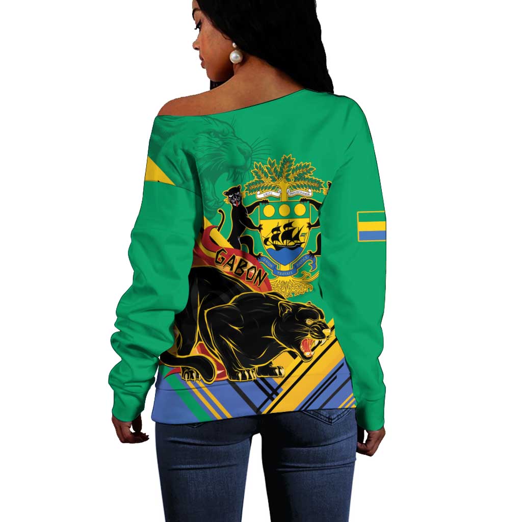 Afro Gabon Off Shoulder Sweater Black Panther With Coat Of Arms LT15