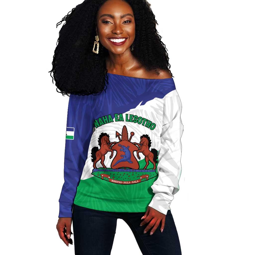 Personalised Afro Lesotho Off Shoulder Sweater Coat Of Arms With Map - Grunge Style LT15