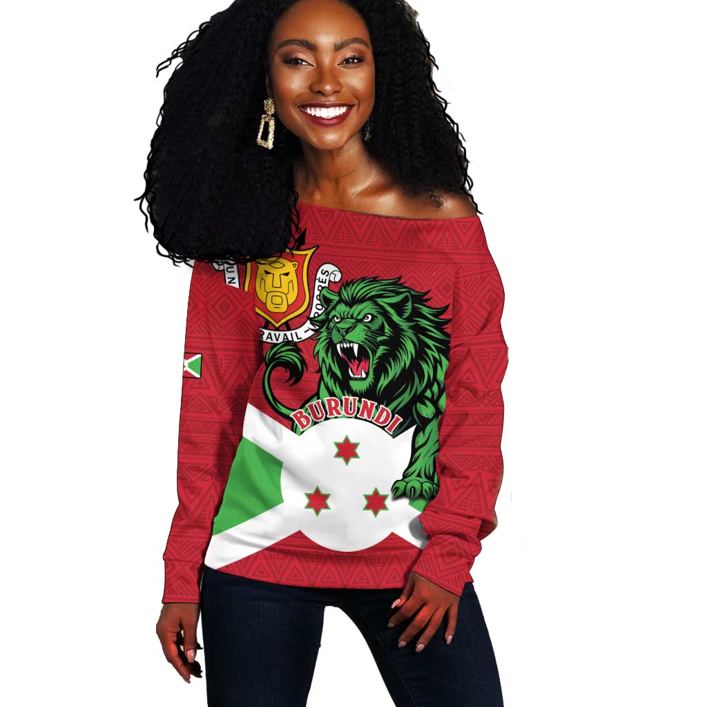 Personalized Jamhuri ya Burundi Off Shoulder Sweater Lion With Coat Of Arms - Flag Style LT15