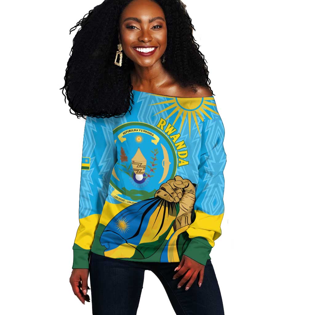Personalized Happy Rwanda Independence Day Off Shoulder Sweater Coat Of Arms With Map LT15