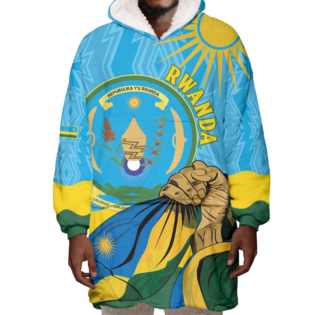 Personalized Happy Rwanda Independence Day Wearable Blanket Hoodie Coat Of Arms With Map LT15