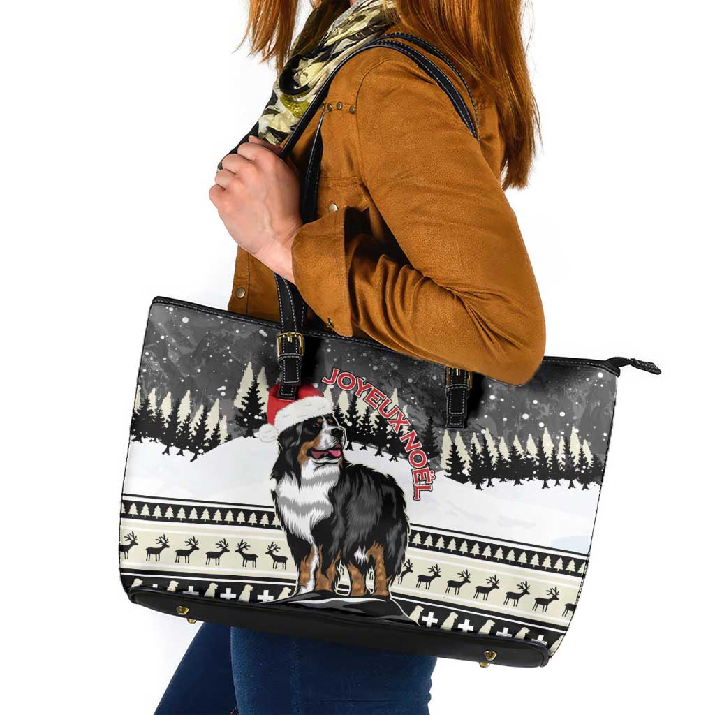 Switzerland Christmas Bernese Mountain Dog Leather Tote Bag Joyeux Noel LT15