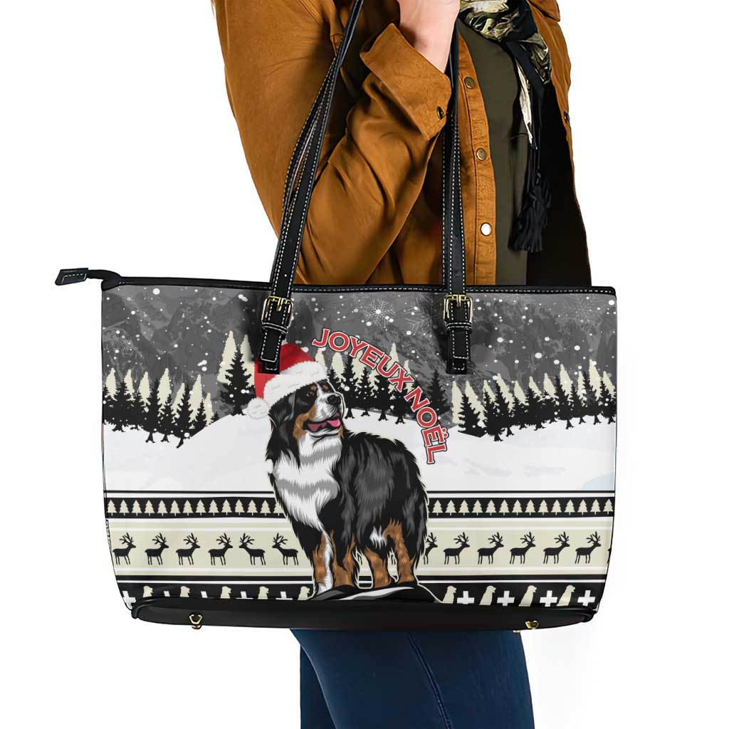 Switzerland Christmas Bernese Mountain Dog Leather Tote Bag Joyeux Noel LT15