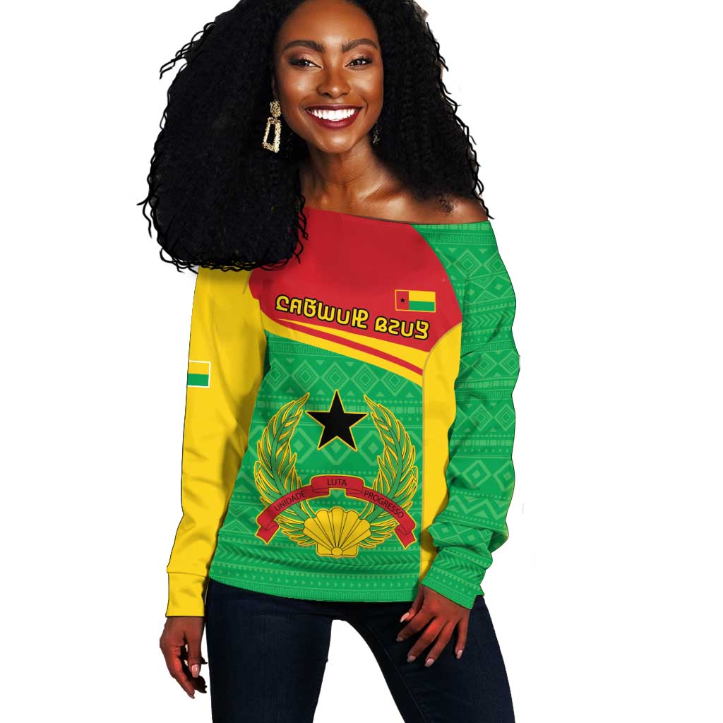 Personalised Afro Guinea Bissau Off Shoulder Sweater Coat Of Arms Mix African Pattern LT15