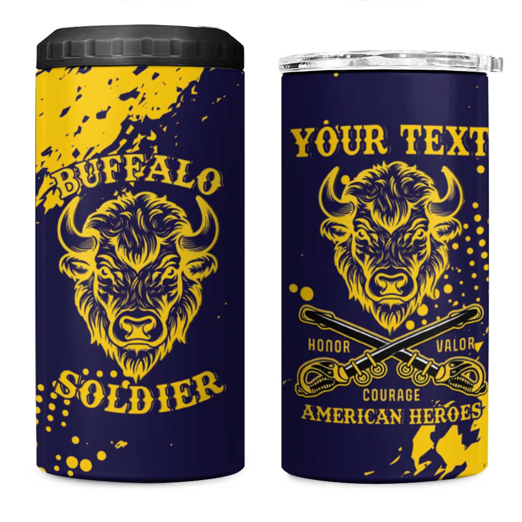 Personalized African-American Heroes 4 in 1 Can Cooler Tumbler Bison Buffalo Soldiers - Blue Grunge Style LT15