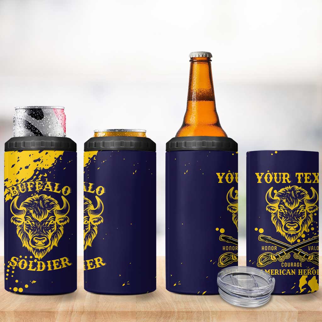 Personalized African-American Heroes 4 in 1 Can Cooler Tumbler Bison Buffalo Soldiers - Blue Grunge Style LT15
