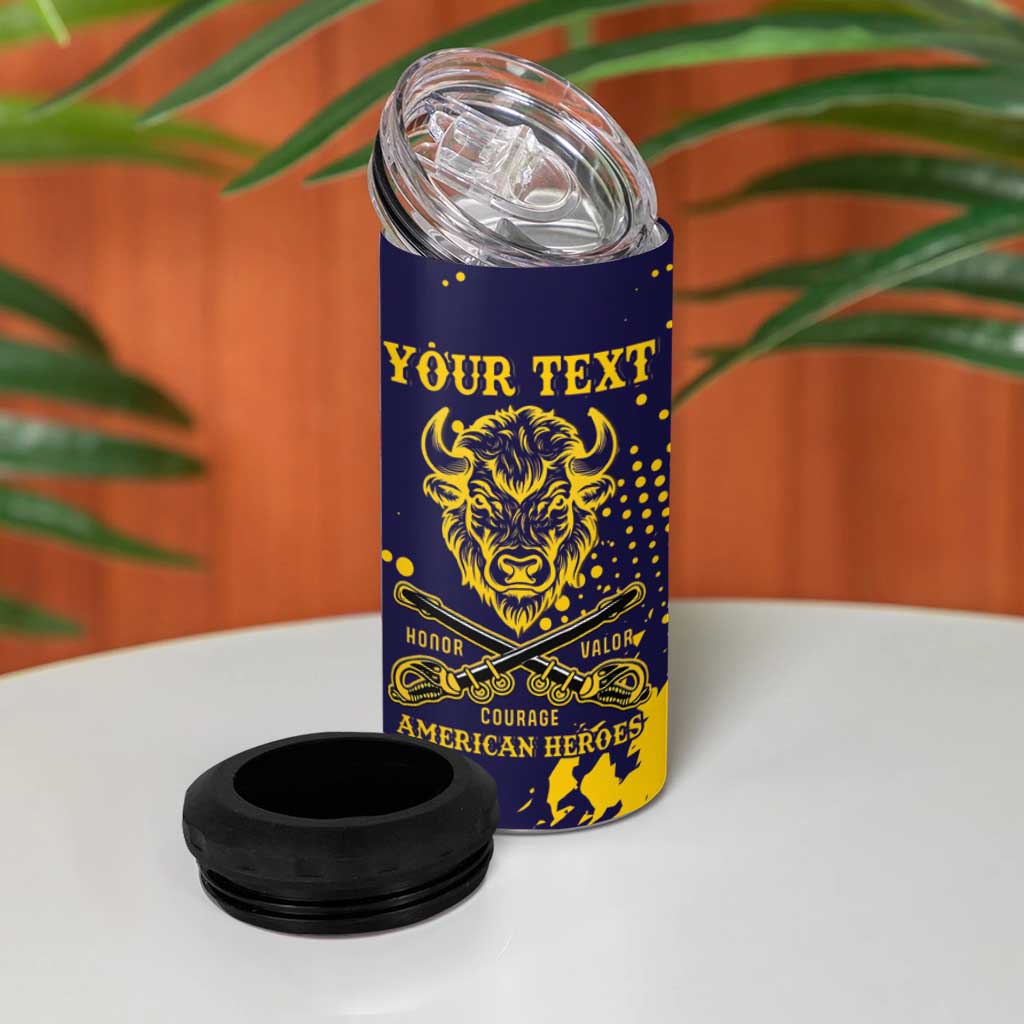 Personalized African-American Heroes 4 in 1 Can Cooler Tumbler Bison Buffalo Soldiers - Blue Grunge Style LT15