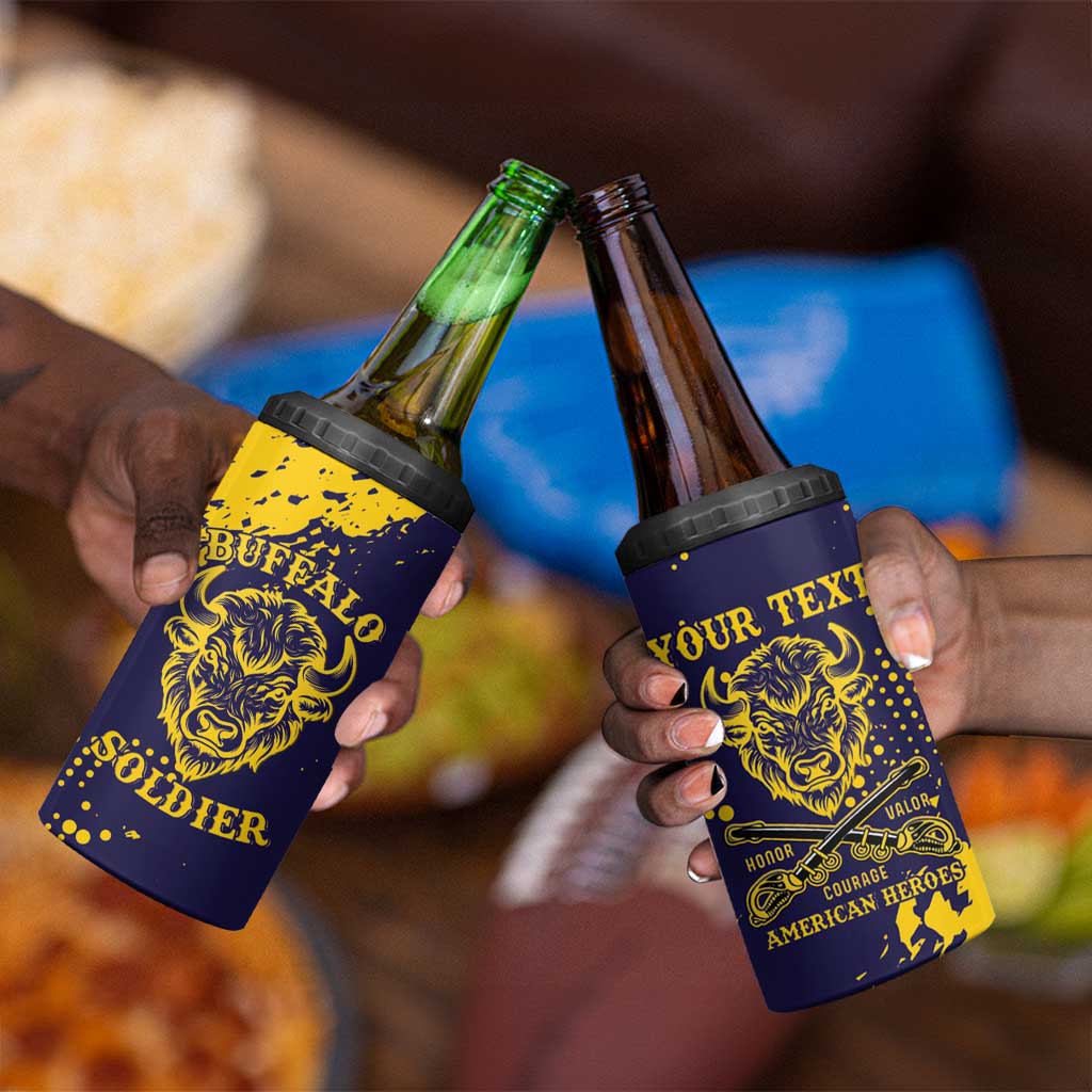 Personalized African-American Heroes 4 in 1 Can Cooler Tumbler Bison Buffalo Soldiers - Blue Grunge Style LT15