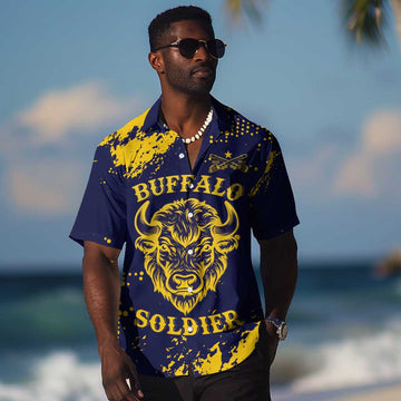 Personalized African-American Heroes Hawaiian Shirt Bison Buffalo Soldiers - Blue Grunge Style LT15