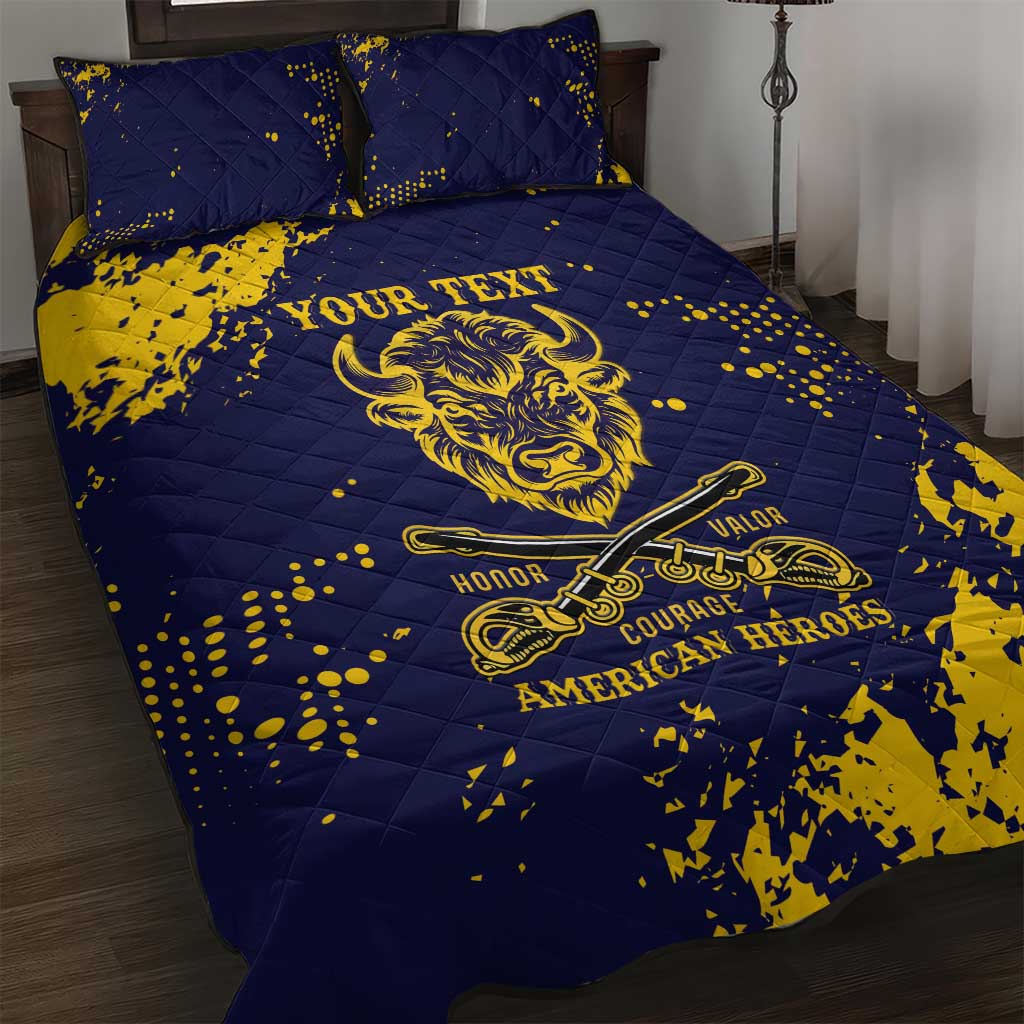 Personalized African-American Heroes Quilt Bed Set Bison Buffalo Soldiers - Blue Grunge Style LT15