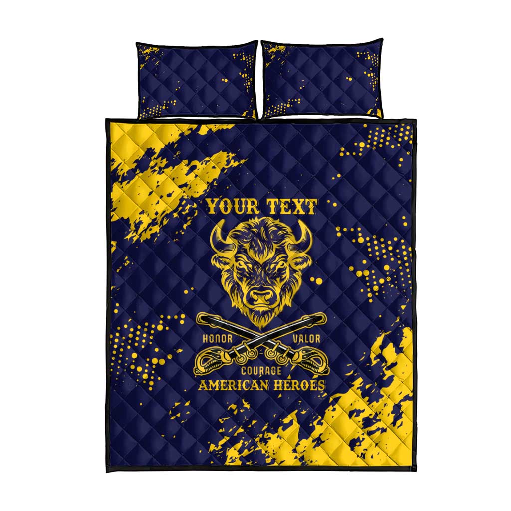 Personalized African-American Heroes Quilt Bed Set Bison Buffalo Soldiers - Blue Grunge Style LT15