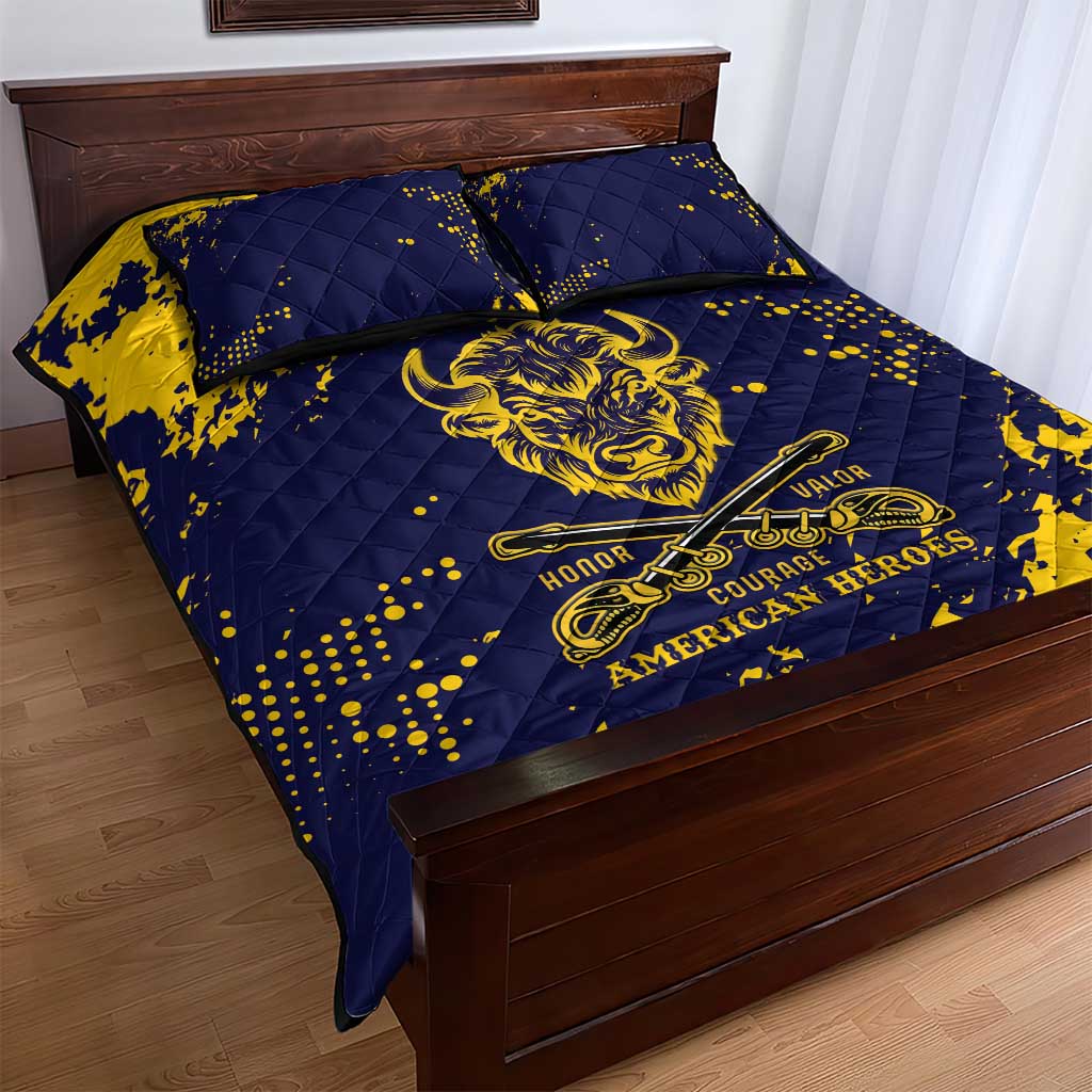 Personalized African-American Heroes Quilt Bed Set Bison Buffalo Soldiers - Blue Grunge Style LT15