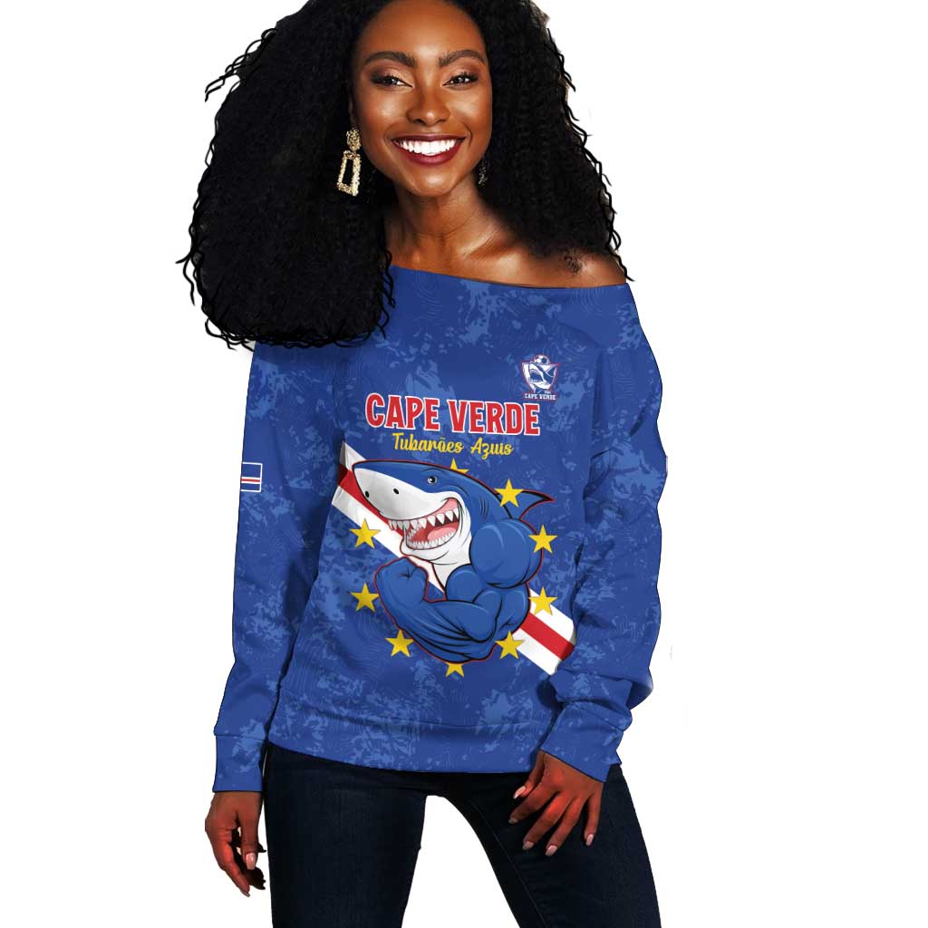 Custom Cabo Verde Football Off Shoulder Sweater Go Tubaroes Azuis LT15
