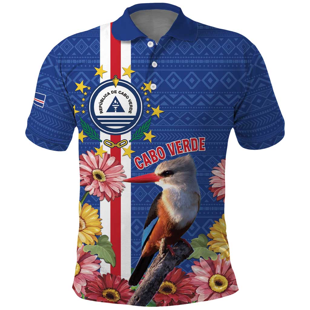 Personalised Cape Verde Polo Shirt Grey-Headed Kingfisher Mix Gerbera Daisy LT15