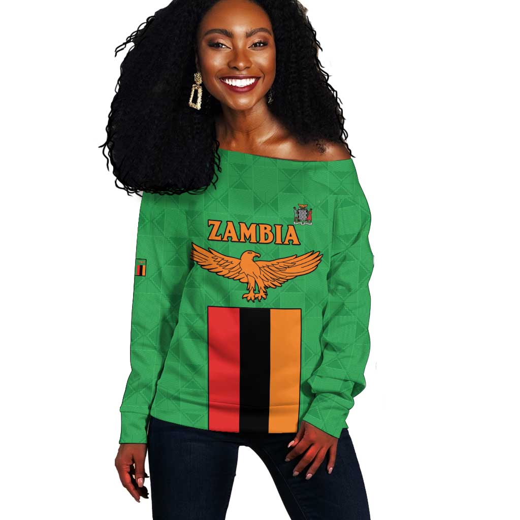 Personalised Afro Zambia Off Shoulder Sweater Flag Style Mix Kente Pattern LT15