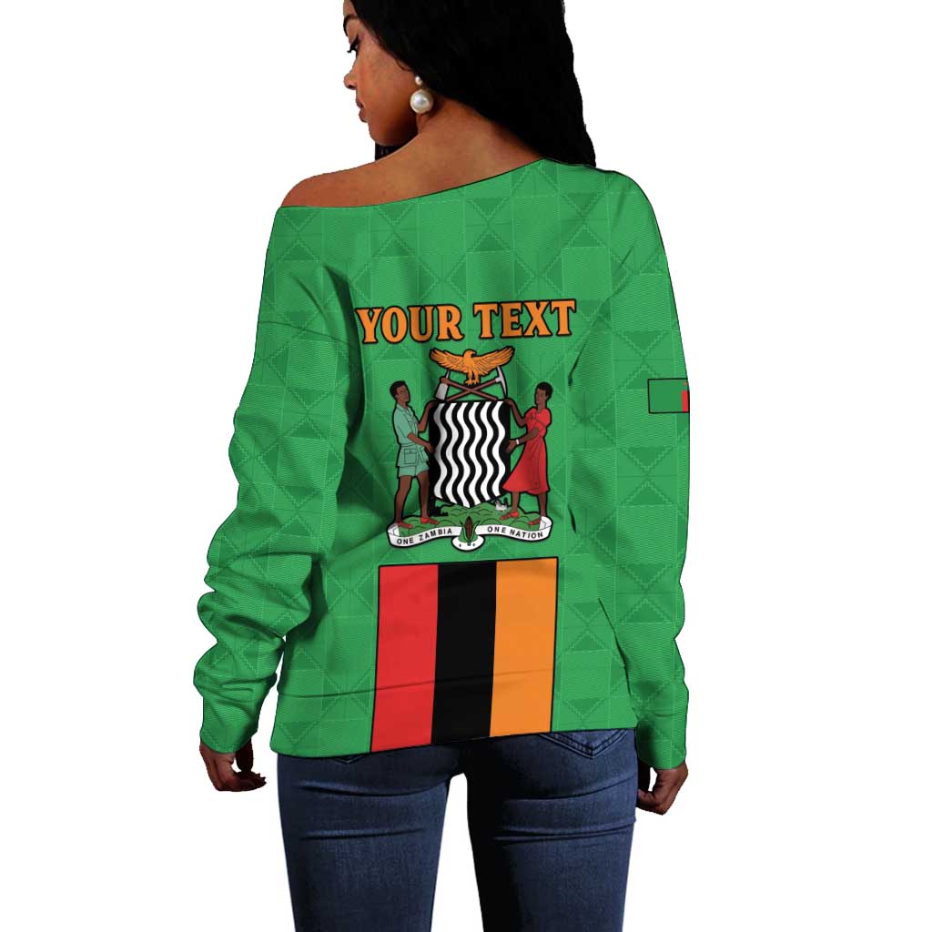 Personalised Afro Zambia Off Shoulder Sweater Flag Style Mix Kente Pattern LT15