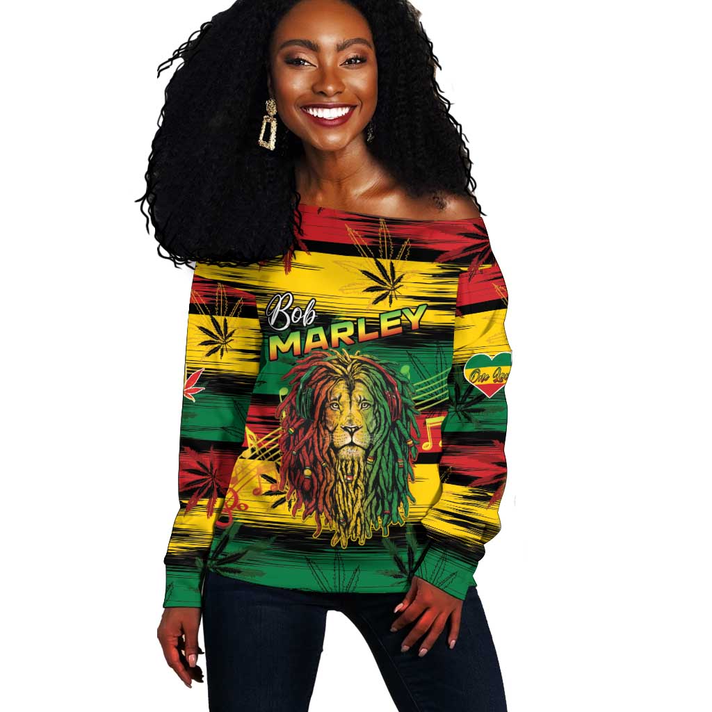 Personalised Rastafarian Lion Off Shoulder Sweater Cannabis Leaf Pattern LT15