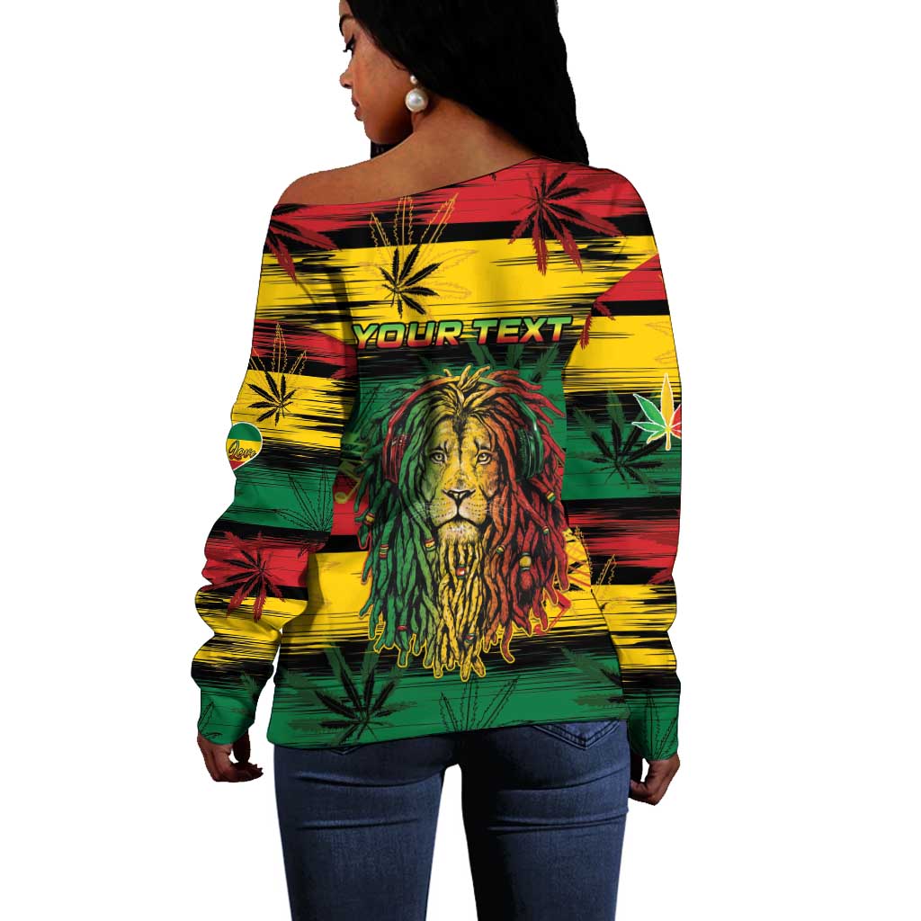 Personalised Rastafarian Lion Off Shoulder Sweater Cannabis Leaf Pattern LT15