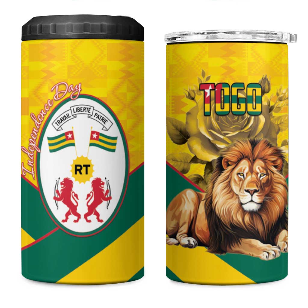Happy Togo Independence Day 4 in 1 Can Cooler Tumbler Lion With Coat Of Arms - Kente Pattern LT15