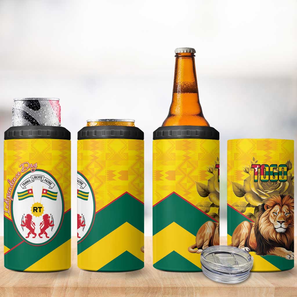 Happy Togo Independence Day 4 in 1 Can Cooler Tumbler Lion With Coat Of Arms - Kente Pattern LT15