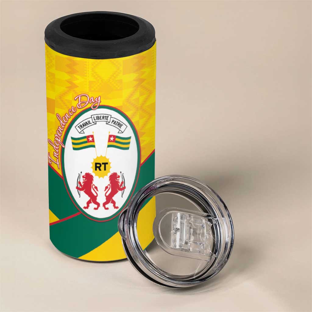 Happy Togo Independence Day 4 in 1 Can Cooler Tumbler Lion With Coat Of Arms - Kente Pattern LT15