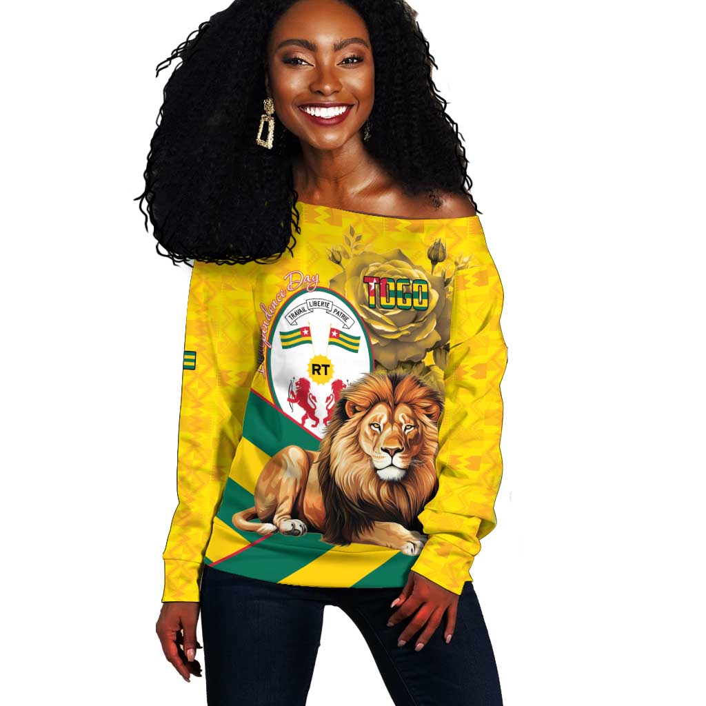 Happy Togo Independence Day Off Shoulder Sweater Lion With Coat Of Arms - Kente Pattern LT15