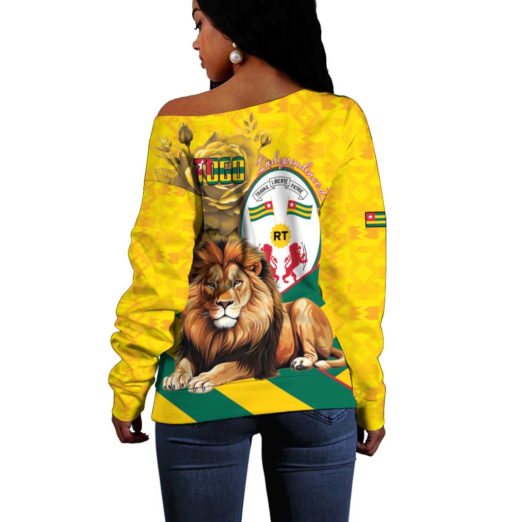 Happy Togo Independence Day Off Shoulder Sweater Lion With Coat Of Arms - Kente Pattern LT15