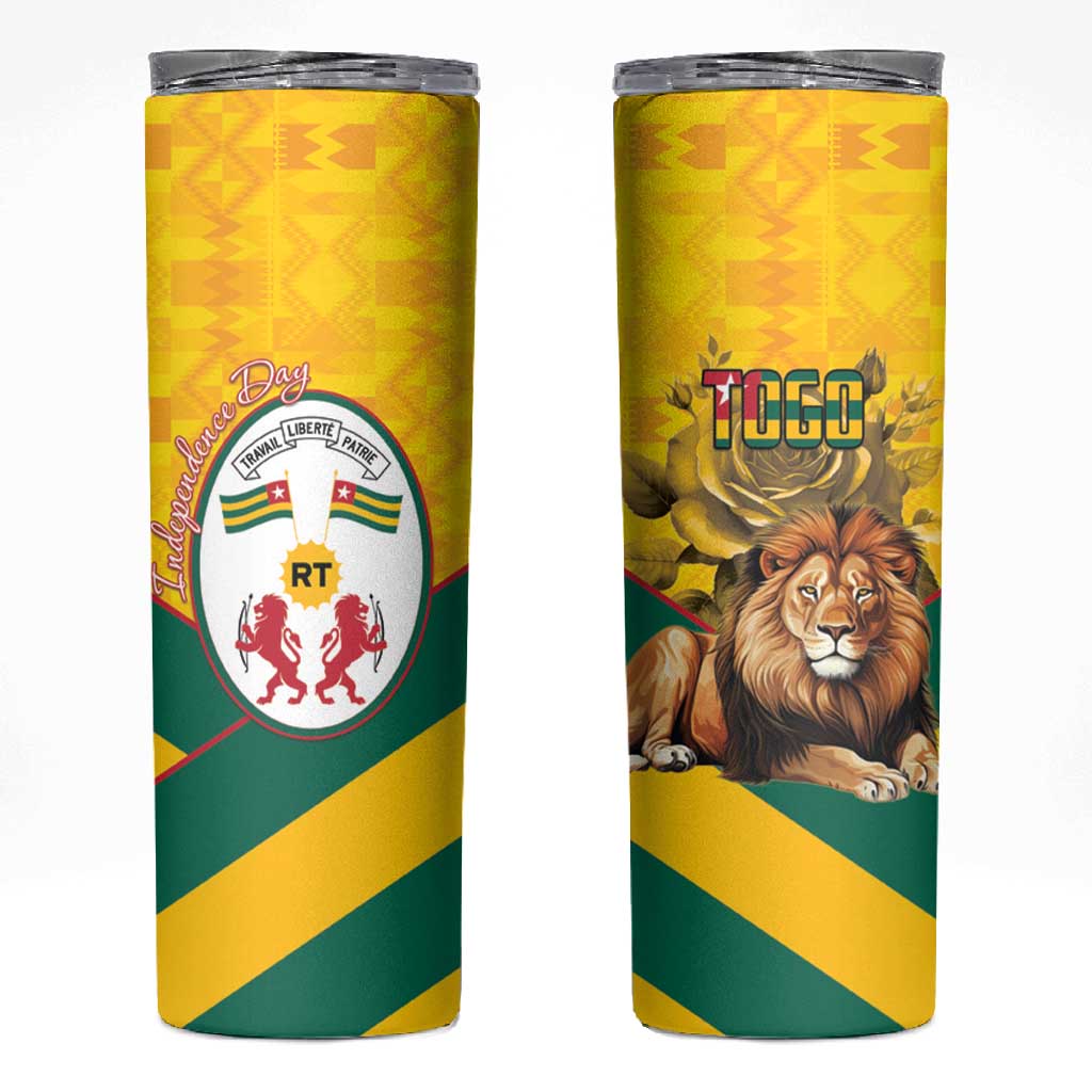 Happy Togo Independence Day Skinny Tumbler Lion With Coat Of Arms - Kente Pattern LT15