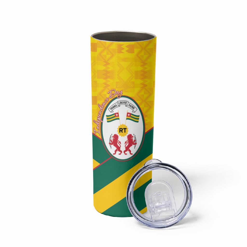 Happy Togo Independence Day Skinny Tumbler Lion With Coat Of Arms - Kente Pattern LT15