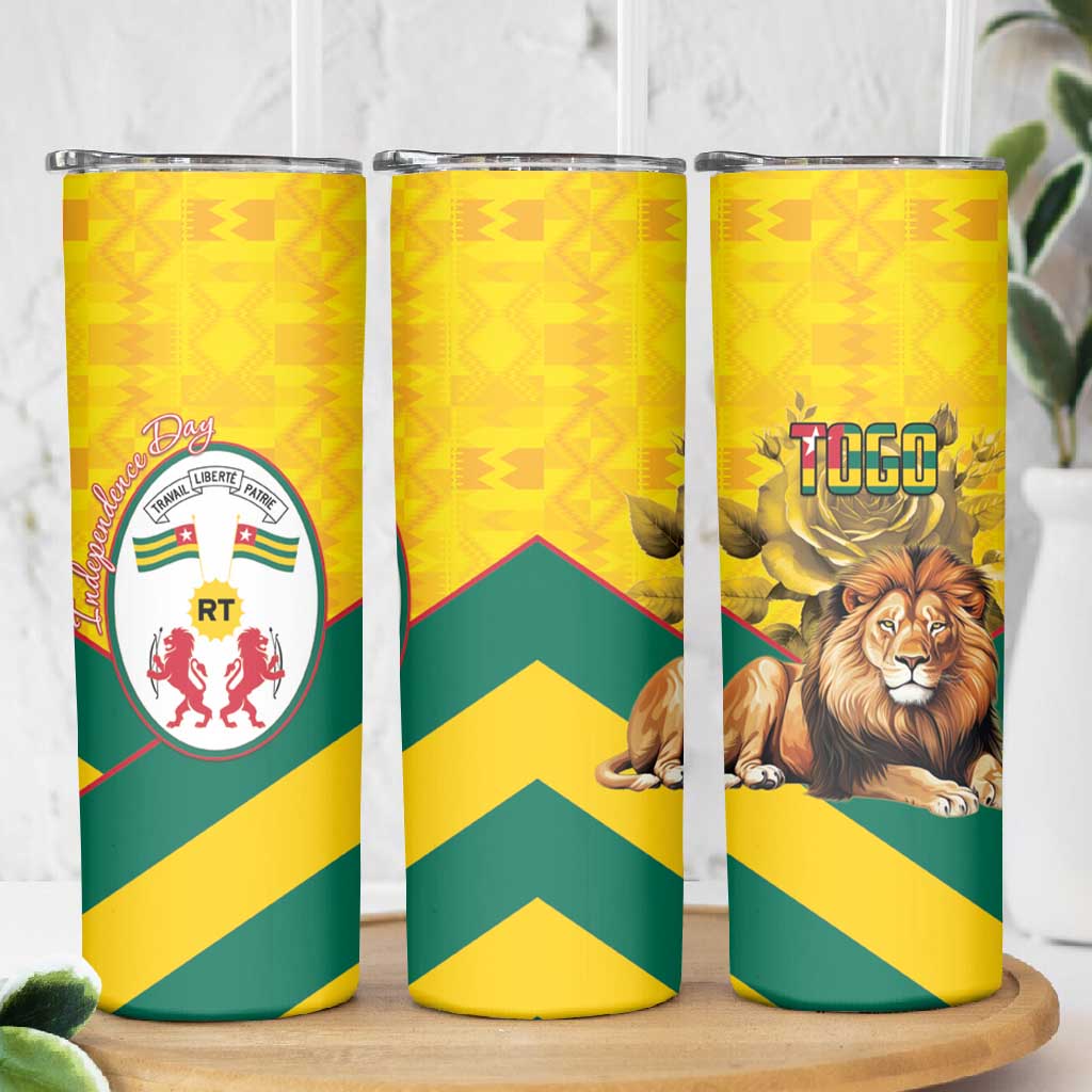 Happy Togo Independence Day Skinny Tumbler Lion With Coat Of Arms - Kente Pattern LT15
