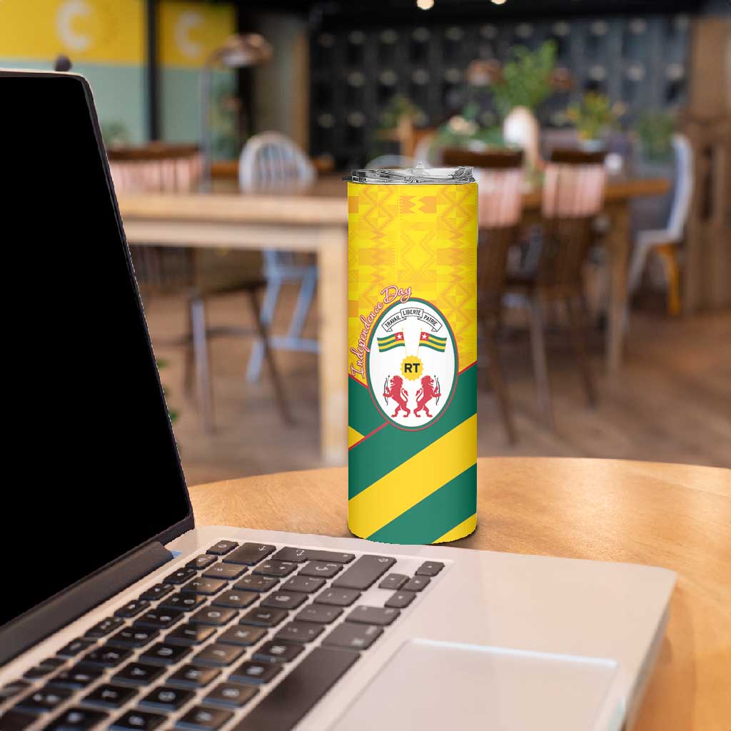 Happy Togo Independence Day Skinny Tumbler Lion With Coat Of Arms - Kente Pattern LT15