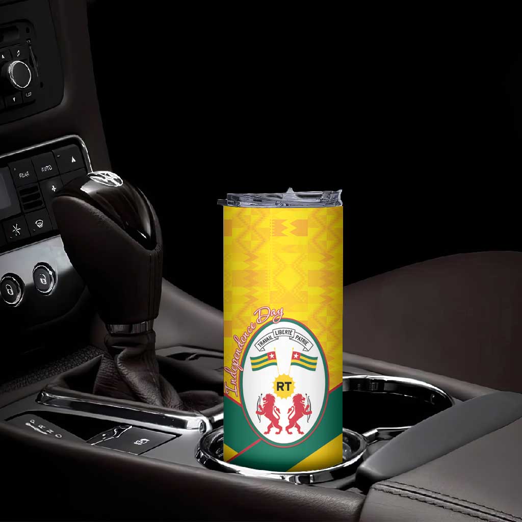 Happy Togo Independence Day Skinny Tumbler Lion With Coat Of Arms - Kente Pattern LT15