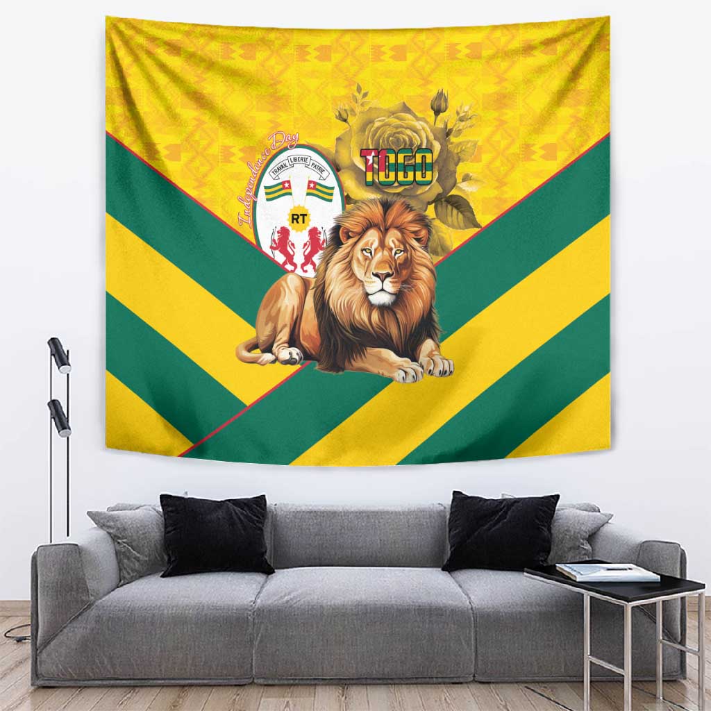 Happy Togo Independence Day Tapestry Lion With Coat Of Arms - Kente Pattern LT15