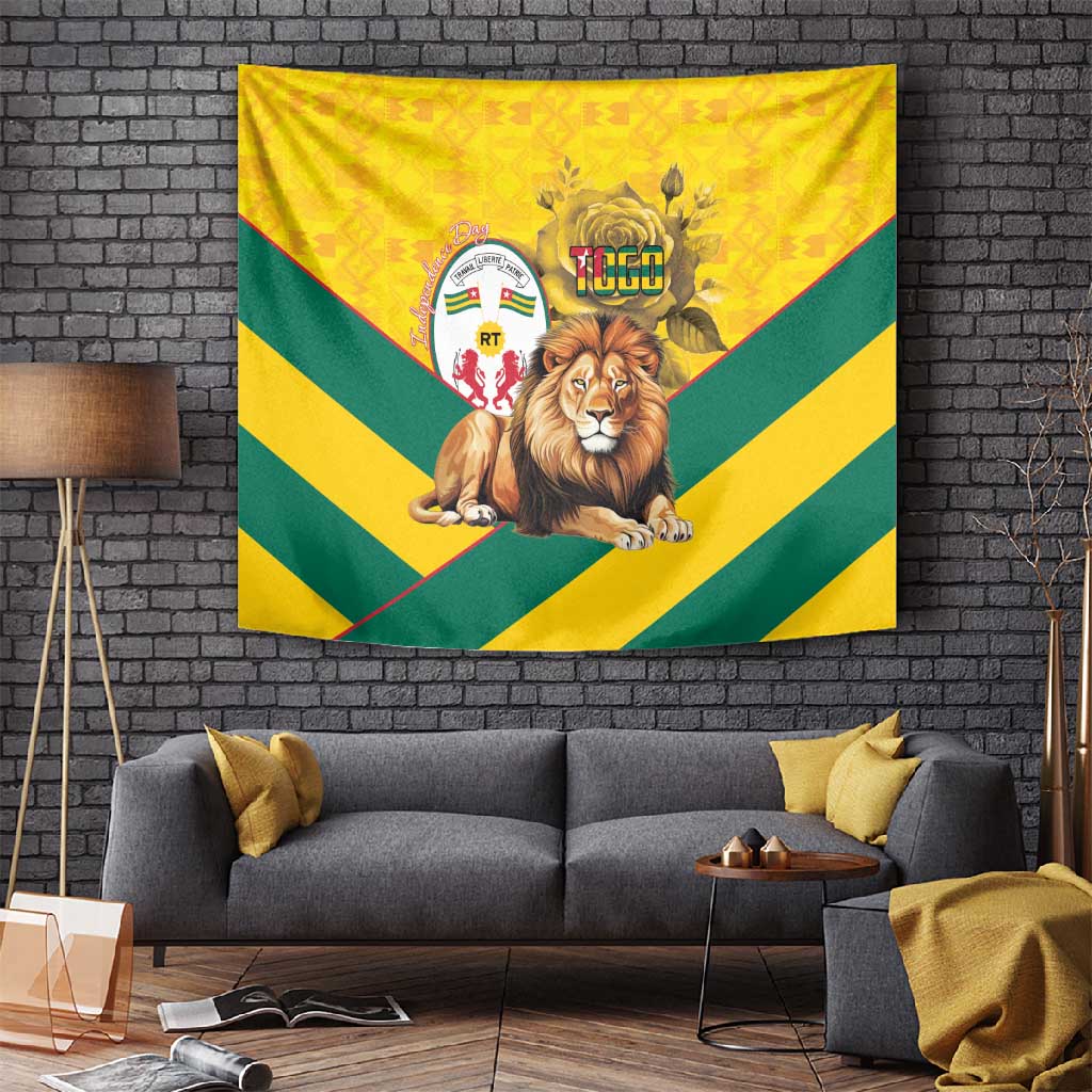 Happy Togo Independence Day Tapestry Lion With Coat Of Arms - Kente Pattern LT15