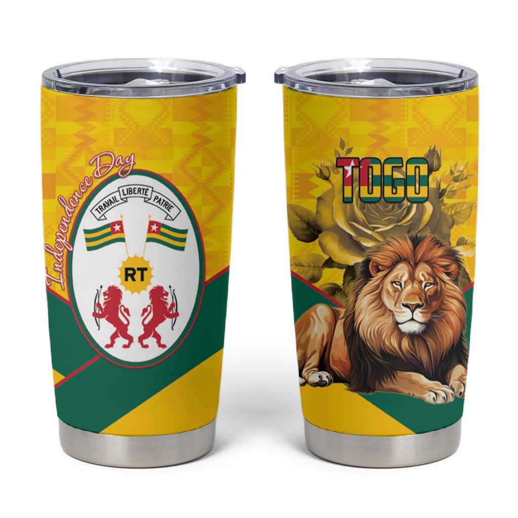 Happy Togo Independence Day Tumbler Cup Lion With Coat Of Arms - Kente Pattern LT15