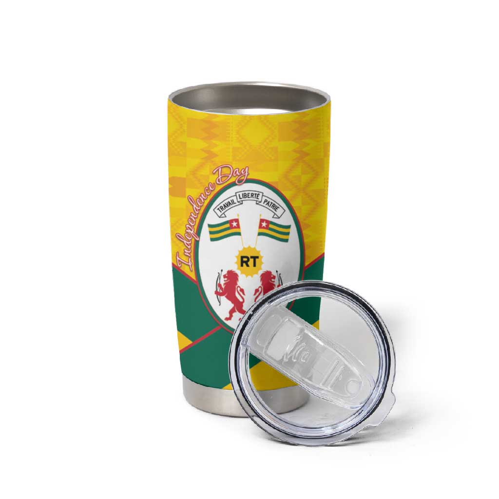 Happy Togo Independence Day Tumbler Cup Lion With Coat Of Arms - Kente Pattern LT15
