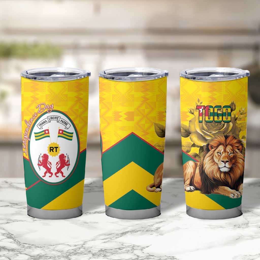 Happy Togo Independence Day Tumbler Cup Lion With Coat Of Arms - Kente Pattern LT15