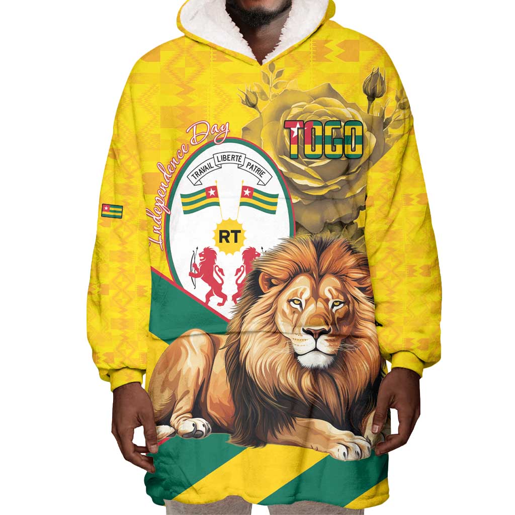 Happy Togo Independence Day Wearable Blanket Hoodie Lion With Coat Of Arms - Kente Pattern LT15