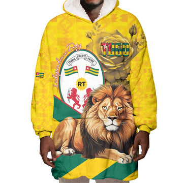 Happy Togo Independence Day Wearable Blanket Hoodie Lion With Coat Of Arms - Kente Pattern LT15