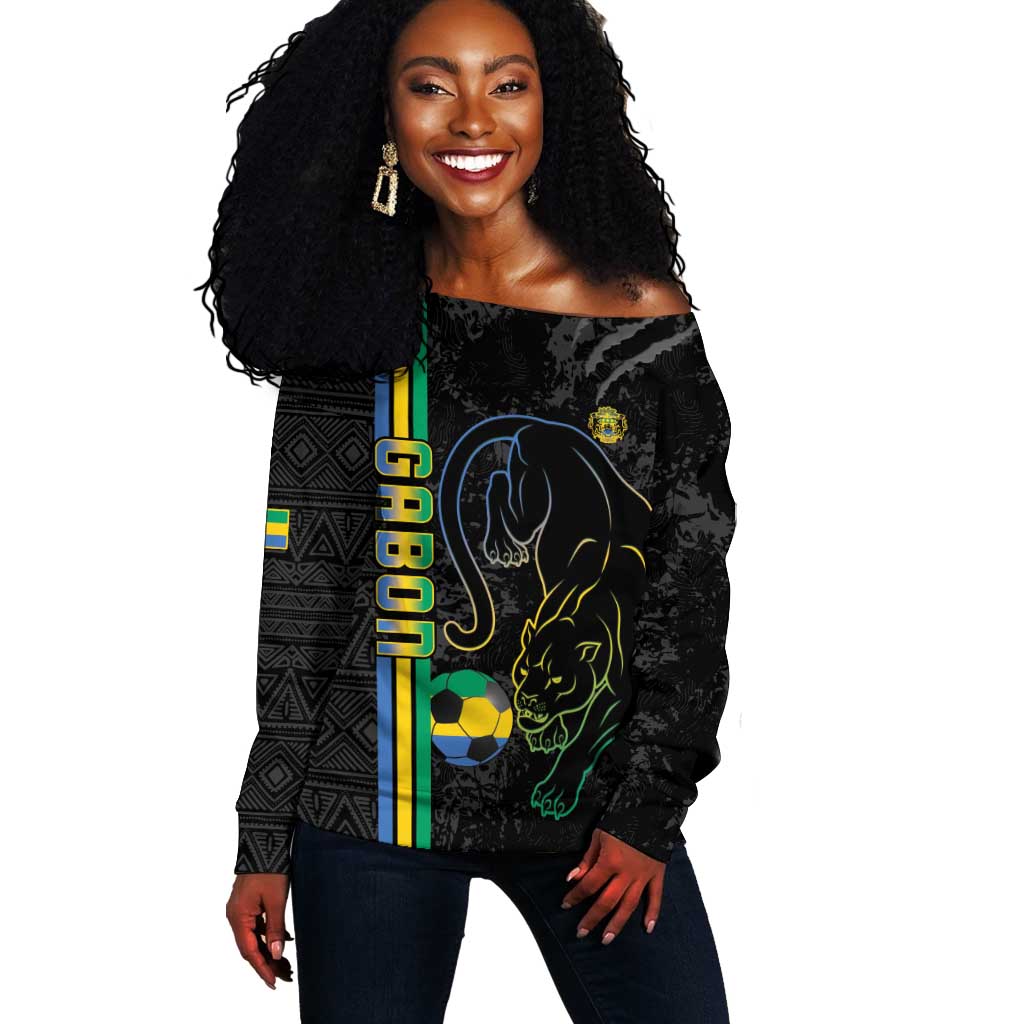 Custom Gabon Football Off Shoulder Sweater Go Champions - Black Ver LT15